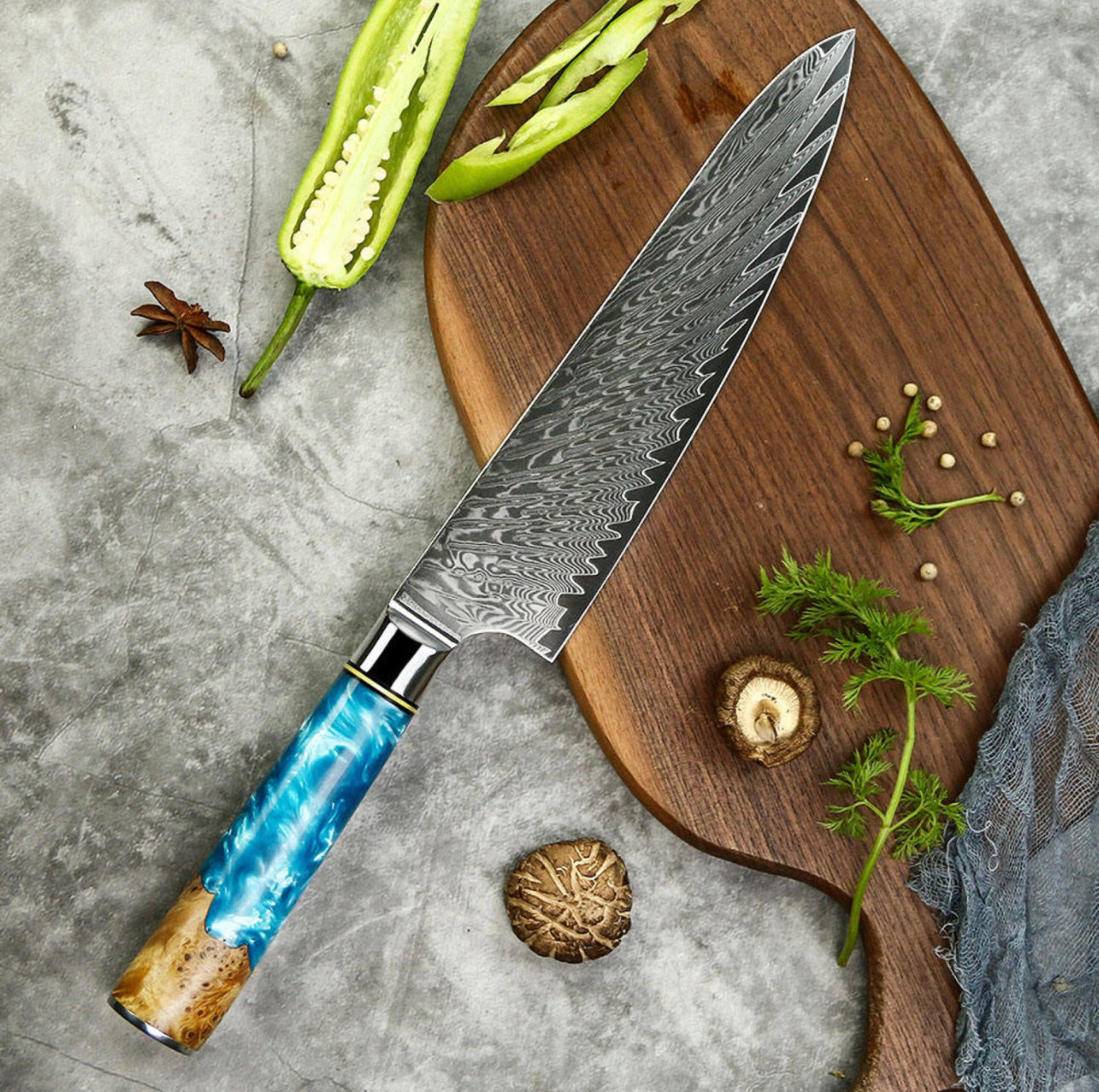 8’ Gyuto Damascus Chef Knife Blue Resin Handle