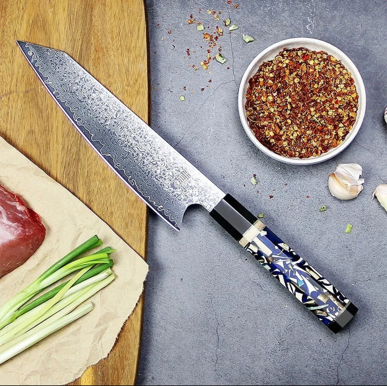 8” Kiritsuke Damascus Chef Knife With Unique Wooden Handle