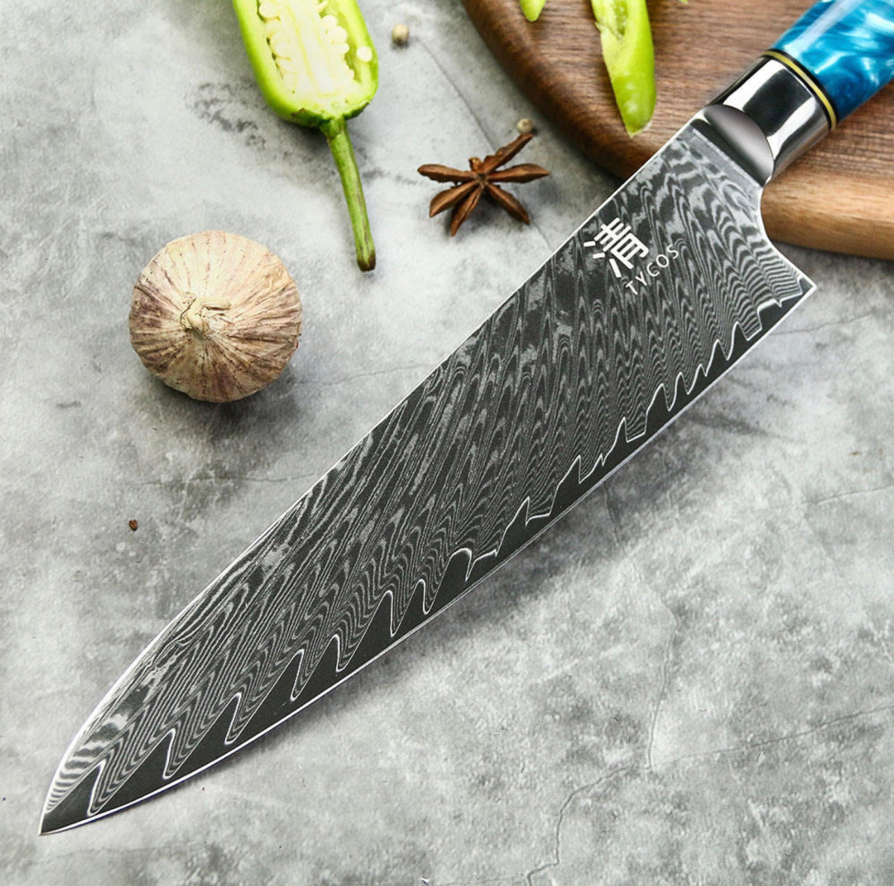 8’ Gyuto Damascus Chef Knife Blue Resin Handle