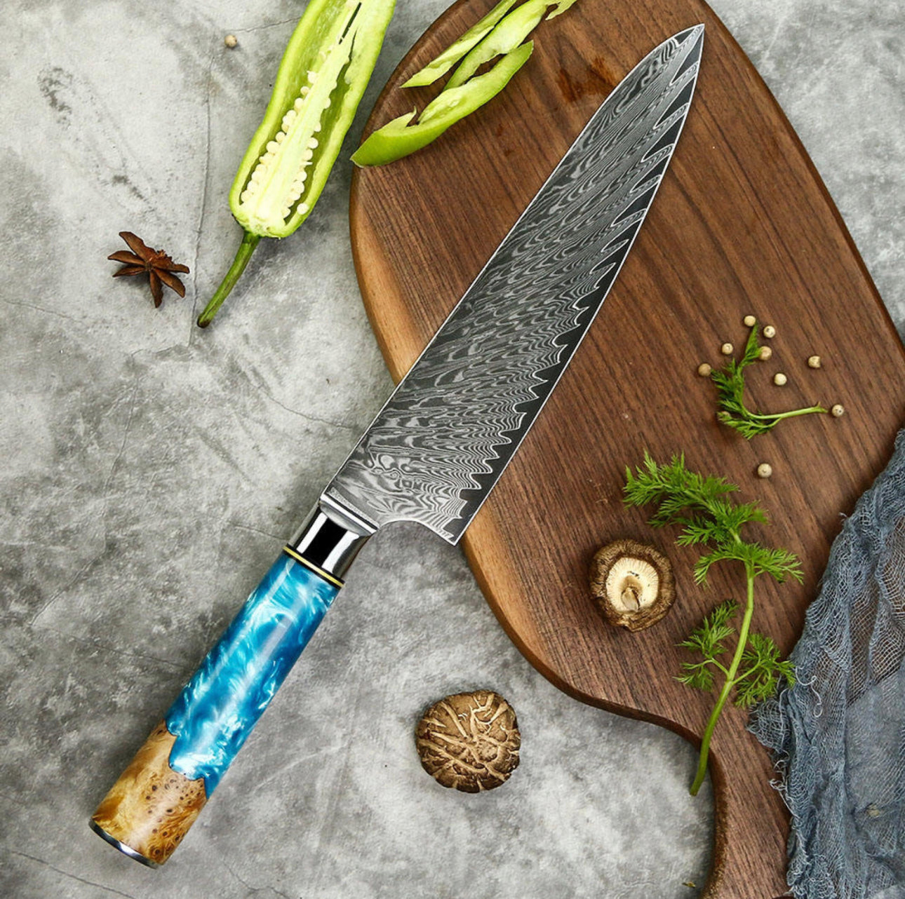 8’ Gyuto Damascus Chef Knife Blue Resin Handle