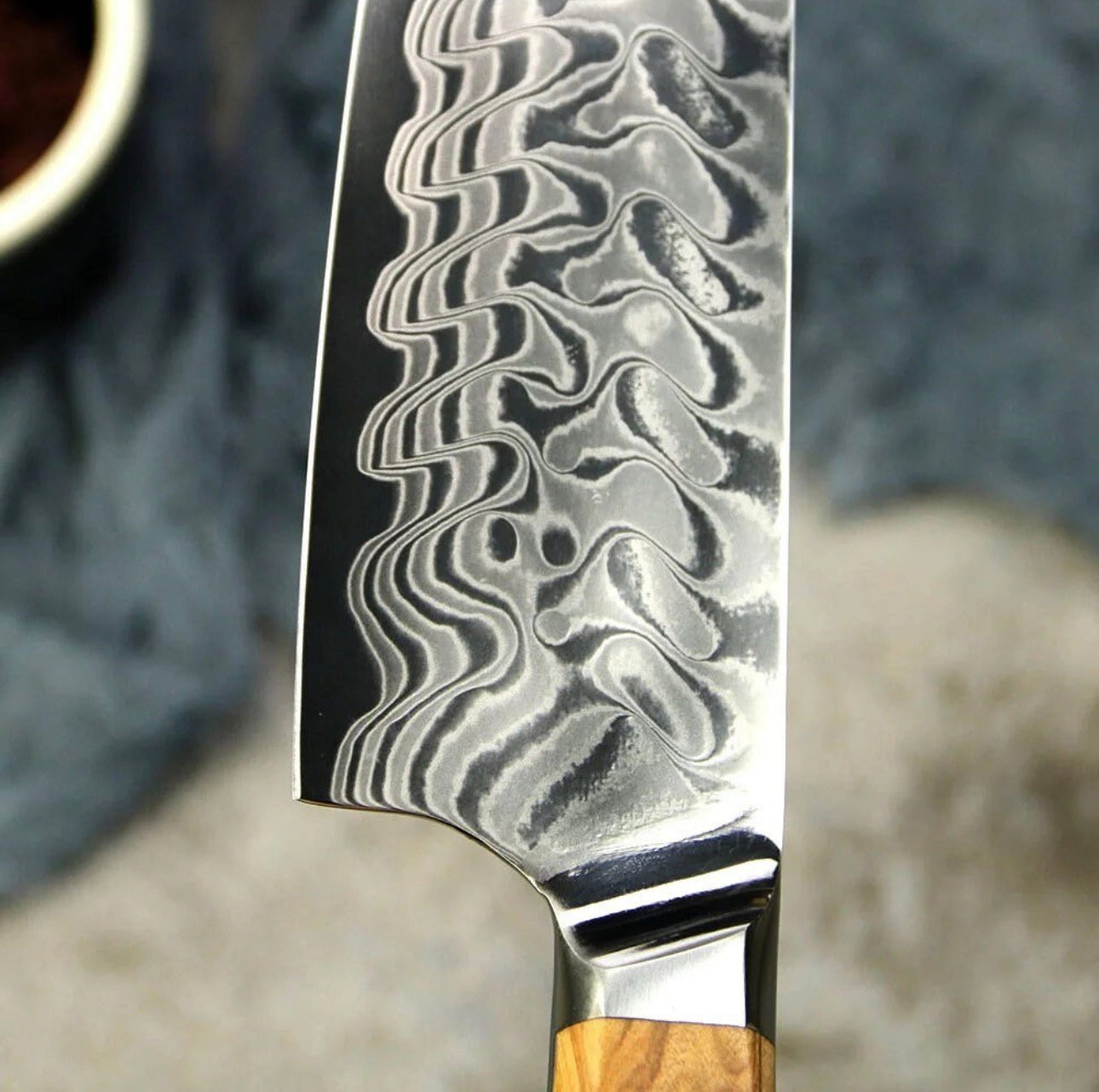 Kiritsuke and Nakiri Japanese Damascus Knives with Wooden Handles