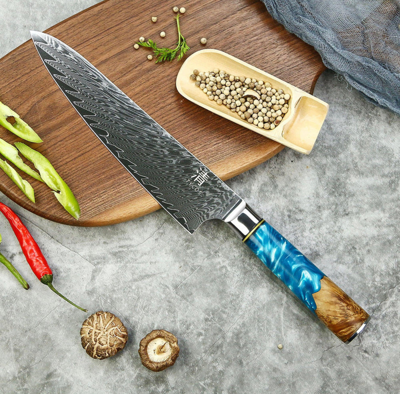 8’ Gyuto Damascus Chef Knife Blue Resin Handle