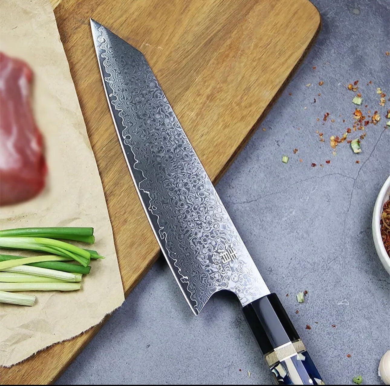 8” Kiritsuke Damascus Chef Knife With Unique Wooden Handle