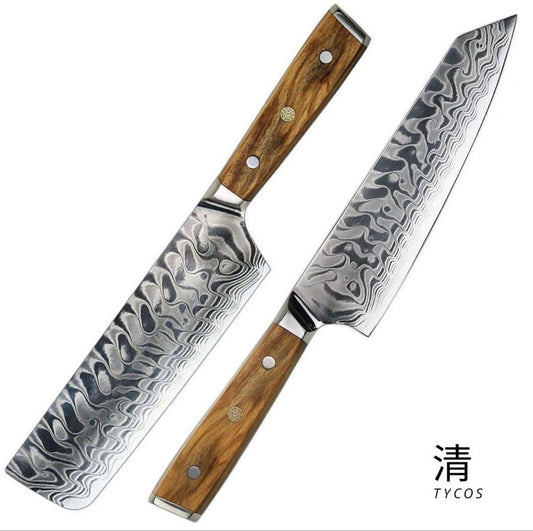 Kiritsuke and Nakiri Japanese Damascus Knives with Wooden Handles