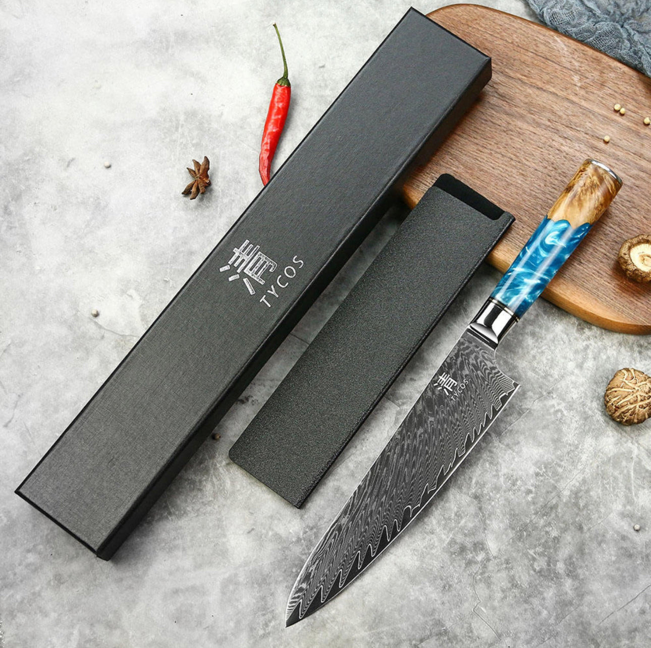 8’ Gyuto Damascus Chef Knife Blue Resin Handle