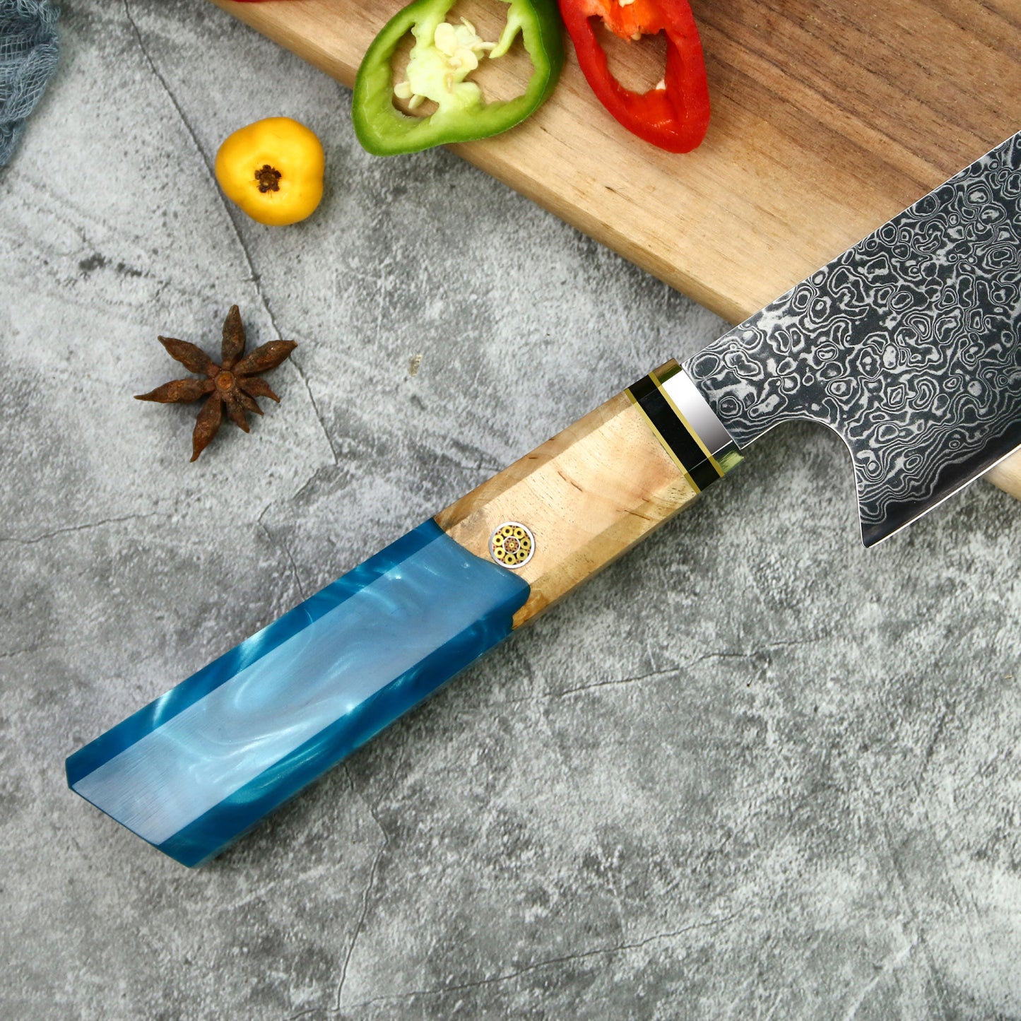 8” Kiritsuke Damascus Chef Knife With Resin Handle